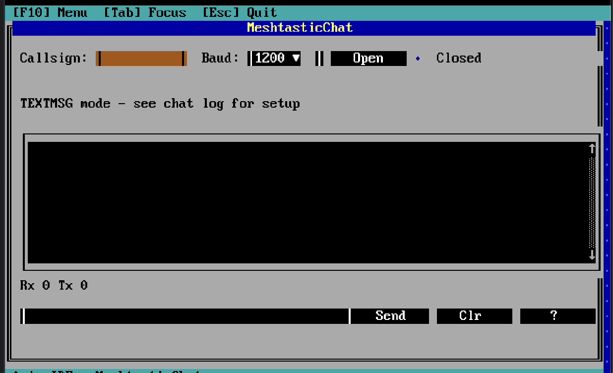 MeshtasticChat corriendo en MS‑DOS